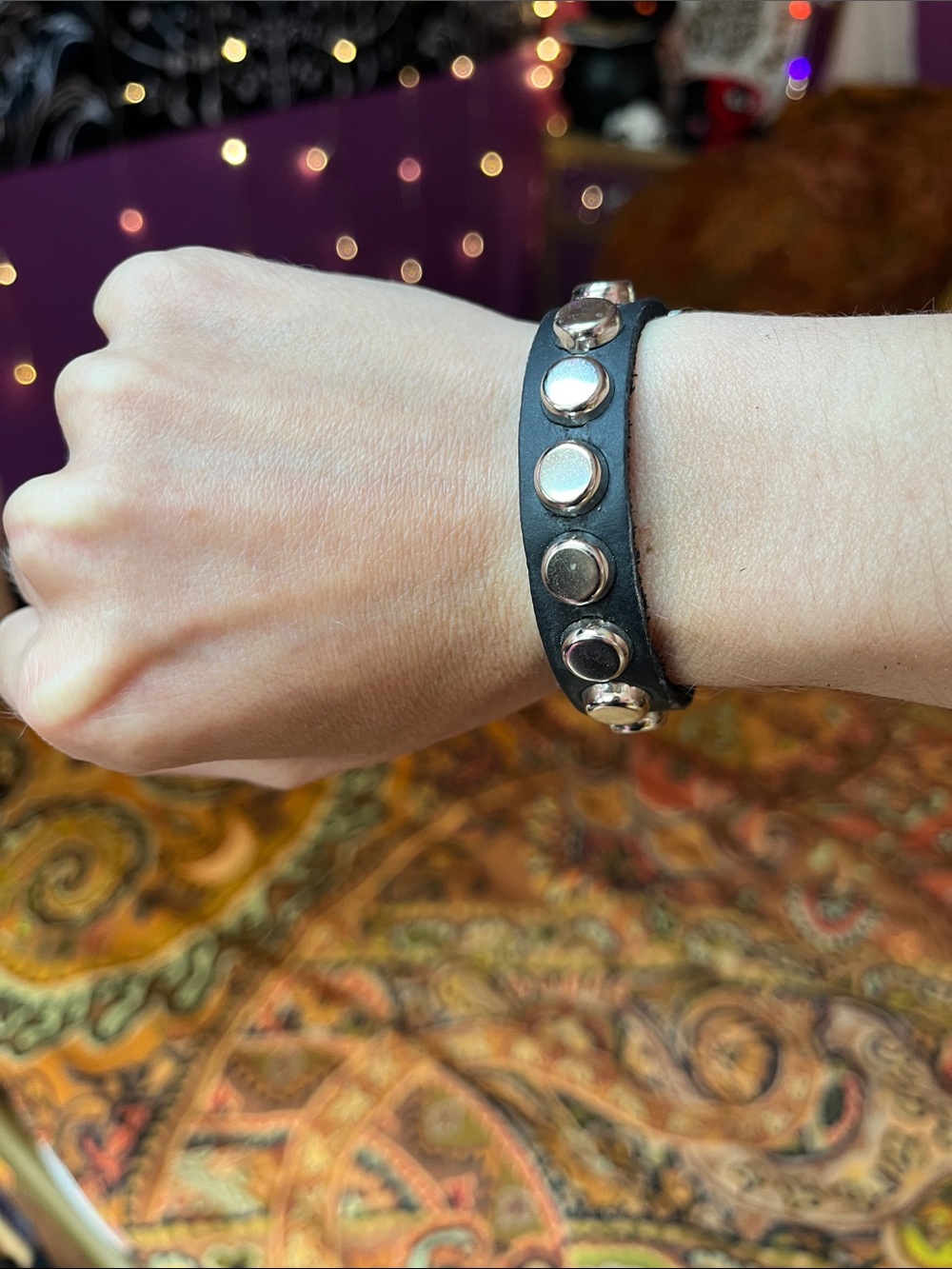 Goth Punk silver round nailhead studded black leather thin bracelet cuff
